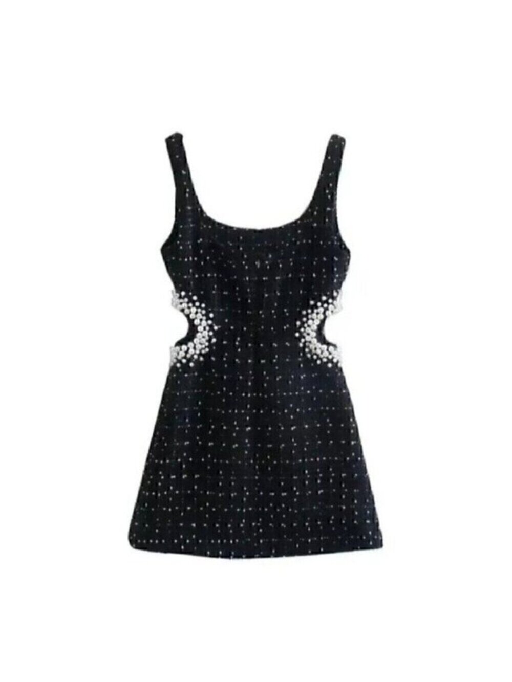 Black Texture Tweed Weave Cutout Mini Dress With Faux Pearls L - Picture 5 of 16